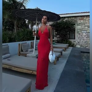 VAKAY Miami Elegant Red Maxi Dress with Roses